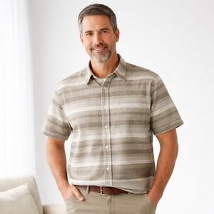 Men's XL Button Front Shirt 100% Cotton Slub Neutral Stripe Coastal Casual NWOT